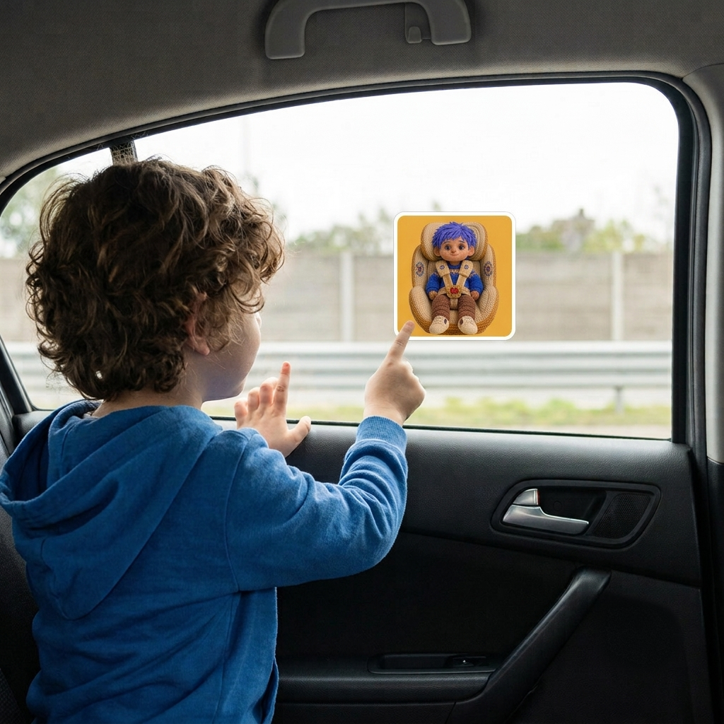 Niño señalando sticker de Pacote en la ventana del auto